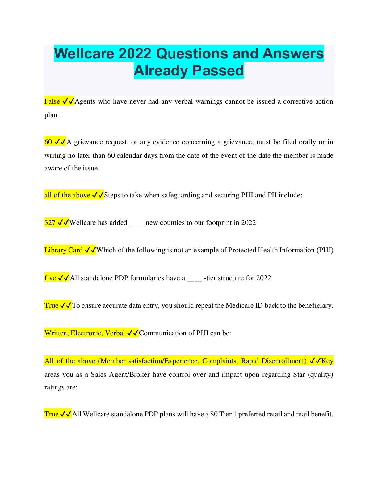 Preview image for Wellcare 2022 Questions and Answers Already Passed